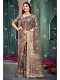 Sangam Prints - Grey Organza Woven Zari Work Traditional Tassel Saree with Unstitched Blouse