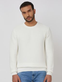 Mufti - White Textured Full Sleeves Sweater