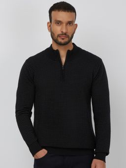 Mufti - Black Textured Full Sleeves Sweater