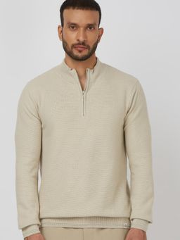 Mufti - Beige Textured Full Sleeves Sweater