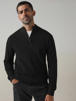 Mufti - Black Textured Full Sleeves Sweater
