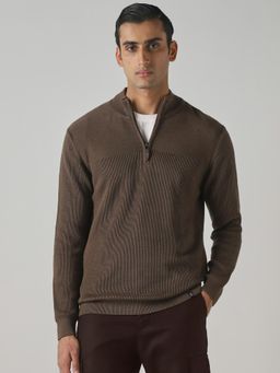 Mufti - Brown Textured Full Sleeves Sweater
