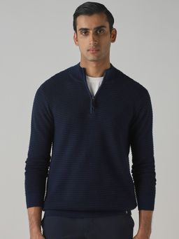 Mufti - Navy Blue Textured Full Sleeves Sweater