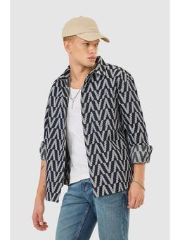 Snitch - Men Navy Blue Self Design Casual Shirt