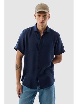 Snitch - Men Navy Blue Textured Casual Shirt