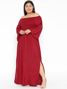 theRebelinme - Plus Size Womens Maroon Solid Off-Shoulder Maxi Dress