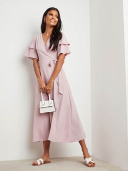 Styli - Pink Double Frill Sleeves V Neck Wrap Midi Dress