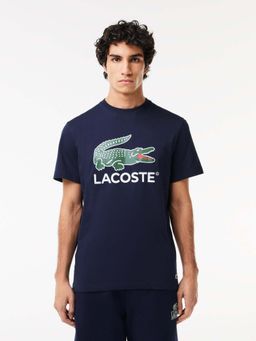 Lacoste - Signature Print Cotton T-Shirt- Navy Blue