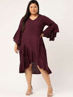theRebelinme - Plus Size Womens Burgundy Solid Wrap A-Line Dress
