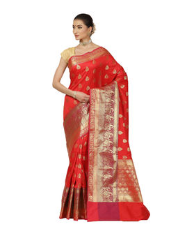 Banarasi Silk Works - Women Red Cotton Saree with Unstitched Blouse