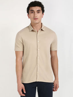 Calvin Klein - Solid Regular-Fit Cotton Shirt - Beige