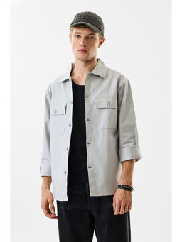 Snitch - Light Grey Solid Full Sleeves Relaxed Casual Overshirt for Men