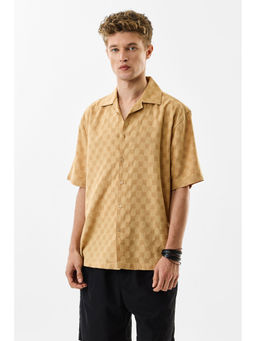 Snitch - Beige Self Design Half Sleeves Oversized Casual Shirt for Men