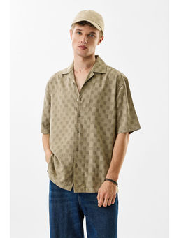 Snitch - Beige Self Design Half Sleeves Oversized Casual Shirt for Men