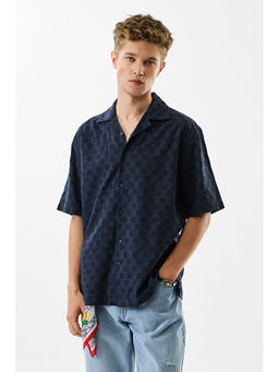 Snitch - Dark Blue Self Design Half Sleeves Oversized Casual Shirt for Men