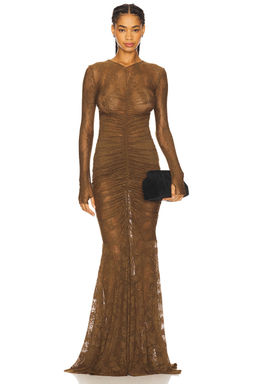 Norma Kamali - Long Sleeve V Neck Shirred Front Fishtail Gown