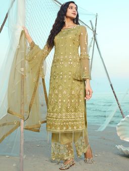 Stylee LIFESTYLE - Olive Green Net Embroidered Dress Material (Set of 3)