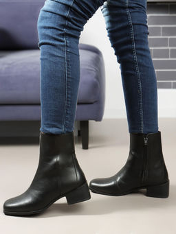 ELLE - Black Solid Zip Party Wear Women's Casual Boots
