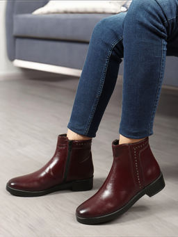 ELLE - Maroon Solid Zip Party Wear Women's Casual Boots