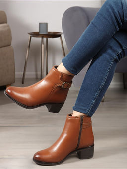 ELLE - Tan Solid Zip Party Wear Women's Buckle Boots