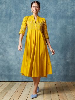 Okhai - Yellow Sand Hand Embroidered Pure Cotton Dress (Set of 2)