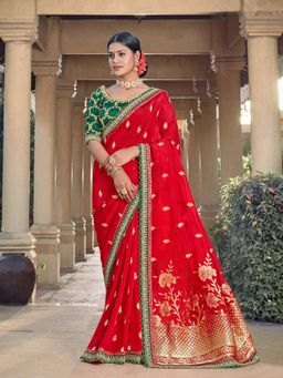 Odette - Red Colour Pure Viscose Weaved Silk Embroidered Saree with Unstitched Blouse