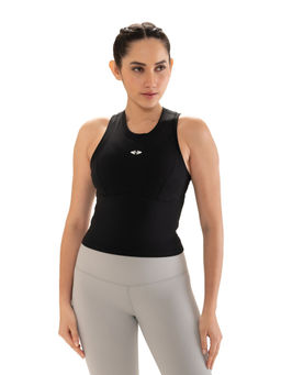 STRCH - Solid Regular Fit Sleeveless Round Neck Black Tank Top