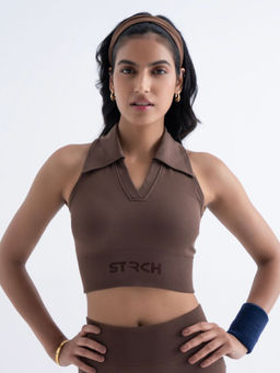 STRCH - Mocha Brown Solid Slim Fit Half Sleeve Crop Polo T-Shirt