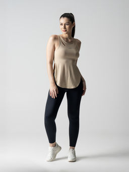 STRCH - Beige Solid Regular Fit Sleeveless Round Neck Tank Top