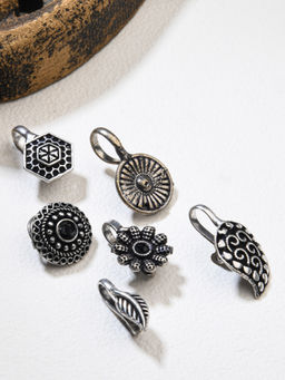 Fida - Ethnic Silver Plated Floral Nose Pin for Women (Set of 6)