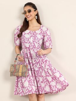 Libas - Cotton Purple Printed Fit and Flare Knee Length Dress for Women