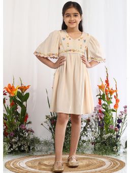 The Tribe Kids - Ecru Embroidered Fit and Flare Cotton Girls Dress with Belt