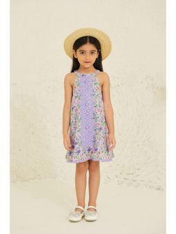 The Tribe Kids - Girls Cotton Purple Floral Printed Knee Length Dress