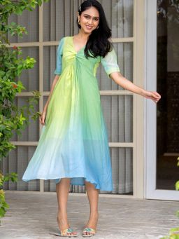 HOUSE OF JAMOTI - Crushed Ombre Green and Yellow Midi Dress