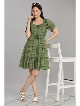 BulBul - Women Green Cotton Schiffli Mini Dress