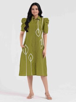 WEAVLLITE - Green Viscose rayon Lace work Knee Length Dress