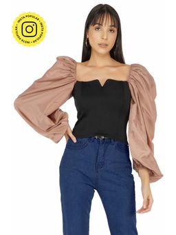 The Clothing Factory - Balloon Sleeves Corset Top In Brown Color