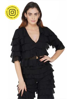 The Clothing Factory - Black Ruffled V-neck Top