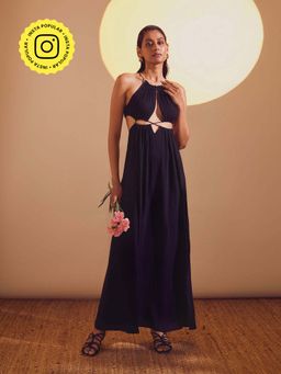 The Clothing Factory - Black Halter Neck Drawstring Tie-up Long Slit Dress
