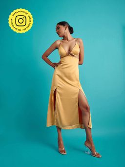 The Clothing Factory - Yellow O-Ring Satin Slip Midi Dress