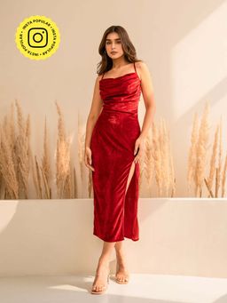 The Clothing Factory - Red Velvet Cowl Neck Dress