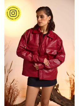 The Clothing Factory - Faux Leather Utility Jacket-Cherry Red