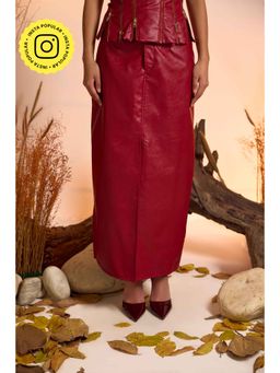 The Clothing Factory - Faux Leather Skirt with Front Slit Detail-Cherry Red
