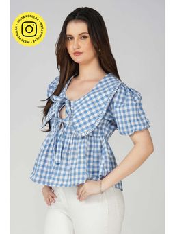 The Clothing Factory - Blue Checked Front Tie-Up Peplum Top