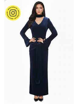 The Clothing Factory - Royal Navy Velvet Maxi Dress With Scarf Neck