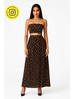 The Clothing Factory - Brown Animal Print Tube Top with Maxi Skirt with Scarf Co-Ord's