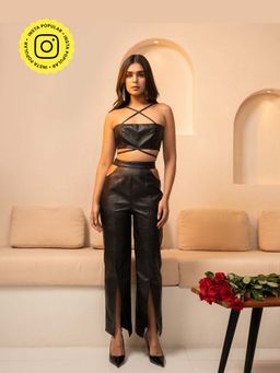 The Clothing Factory - Women's Black Leather Crop Top and Pant