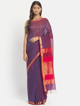Fabindia - Blue Cotton Silk Maheshwari Woven Saree without Blouse
