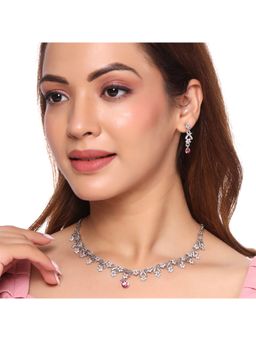 Yellow Chimes - Silver-Plated Pink and White Crystal Studded Jewellery Set