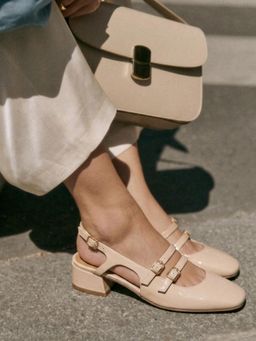 Indifeet - Women Cream Glossy Mary Jane Slingback Block Heels